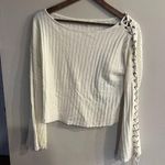 Blush Noir  Women's White Waffle Knit Wide Neck Lace Up Long Sleeve Top Size S Photo 0