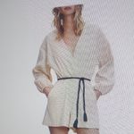 Maje  Ibioli Belted Beige Pinstriped Romper Neutral Chic Balloon Sleeve Size 34 Photo 1