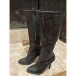 White House | Black Market WHBM Snakeskin Black Boots 8M Knee High Heel 4.5”  Party Photo 4