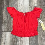 Paper + Tee NWT Cropped Short Sleeve Shirt Tie Front Tassel Bright Red Medium Photo 8