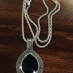Onyx Vintage  Marcasite and Sterling Silver Tear Drop Shaped Pendant Necklace Photo 5