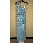 Mac Duggal  NWT One Shoulder Mesh Sequin Gown w/Slit in Aqua Size 2 Photo 3