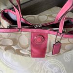 Coach  signature stripe framed carryall khaki satchel with pink leather trim Photo 9
