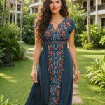 Johnny Was Cassie heavily embroidered Challis maxi dress in slate blue NWT RARE Photo 11