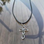 Handmade Gothic Silver Cross Necklace with black Faux Leather cord Photo 7