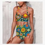 NEW Retro 70’s 2 Pc Bikini Set High Waist Bikini Swimsuit Halter Ruched M Blue Size M Photo 4