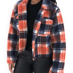NWT Plaid Jacket Womens S Orange Blue Cropped Sherpa Fall 90s Retro Cozy Photo 0