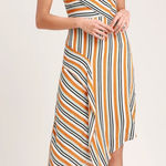 Lulus LULU’S Cape Cove Orange Multi Striped Asymmetrical Dress | XL Photo 0