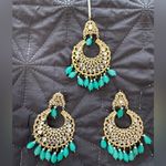 Indian Pakistani Gold and Green/blue Chandelier Earrings jewelry set Photo 0