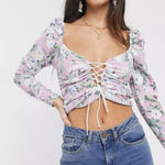 ASOS DESIGN Long Sleeve Crop Top Lace Up Front in Pink Floral Print, Size 8 Photo 0