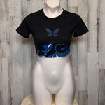 Blue Butterfly Graphic Crop Top Black Short Sleeve Stretch Tee Size Small Photo 0