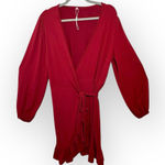Source Unknown Deep Red Wrap Dress Ruffle Hem Balloon Sleeve Midi Romantic Stretchy L Photo 0