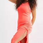 Aerie  Neon Orange Ruched Ribbed Midi Dress with side slit size‎ small Photo 0