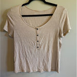 American Eagle Women's Striped Ribbed Henley Short Sleeve Top Tan Size M Photo 0
