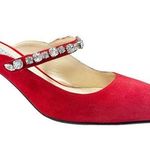 Prada Heels Womens 37.5- US 7.5 Red Suede Mules Jeweled Strap Kitten Heel Photo 0