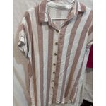 EMERY ROSE Striped Button Up Short Sleeve Shirt Dress Medium Tan White Casual Pink Photo 2