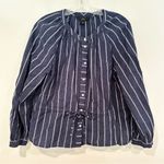 J.Crew Tie Waist Linen Blend Striped Gauze Top Blouse Women's 8 Navy Casual Photo 2