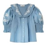 SEA NEW YORK NY KYLA EMBROIDERY ON CHAMBRAY PUFF SLEEVE BUTTON UP TOP SIZE L Blue Size L Photo 0