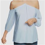 1. State  Women's Dusty Blue Halter Off-The-Shoulder Chiffon Blouse - Small - NWT Photo 2