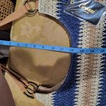 Tan and navy blue striped woven straw tote shoulder bag Photo 2