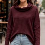 Free People Date Night Waffle Knit Cowl Neck Top Burgundy Size M (NWT) Photo 0