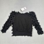 ZARA NWT Top M Womens Black Sheer Textured Fringe Blouse Ribbed Long Sleeve V Photo 1