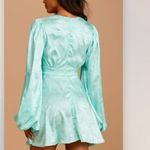 Lulus Stunning Moment Light Blue Satin Jacquard‎ Long Sleeve Mini Dress MEDIUM Photo 4