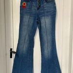 Modcloth Embroidered Floral Flare denim jean button fly pants size small Photo 0