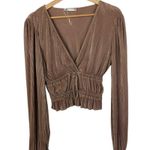 ZARA  Beige Pleated Lantern Sleeve Ribbed Plunge V-Neck Long Sleeve Blouse S Photo 1