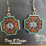 Painted wood and glass folk art style earrings Blue Photo 3