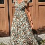 Ditsy Floral Ruffle Trim V Neck Smocked Waist Boho Maxi Dress M L XL Nwt Green Size M Photo 0