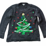 Black Christmas tree fuzzy sequin ugly sweater size medium Photo 0