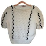Vintage Hand Knit French Girl Preppy Coastal Short Sleeve Sweater With Pom Poms White Photo 3