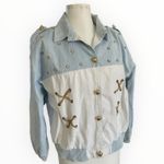 Vintage 80s FRESH Studded Gold Embellished Bomber Jacket Blue Cream Women's L Size L Photo 3