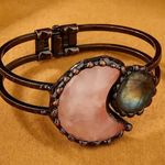 Rose Quartz Crescent Moon and Labradorite Copper Hinged Bracelet Boho Cuff Pink Photo 2