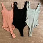 LE3NO Black Pink Blue Ribbed Henley Style Tank Top Bodysuits Set of 3 Small Photo 0
