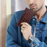 Mens Wallet Long with US Flag, Men's Wallet Leather Bi folding wallet for men- Gifts for Men (Wine Red, Modern) Photo 1