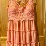 Zenana Outfitters crochet lace cross strap smocked, light peach, ruffle, cami tunic size L Photo 0
