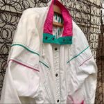 Vintage 90s New York girl teal and hot pink accent geometric coat LARGE White Photo 1