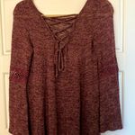 Cute bell sleeves lace up front top burgundy and cream Purple Photo 0