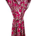 Loft  Pink and Tan Floral Midi Shift Dress, Split Neck, Fabric Belt, Cap Sleeve Photo 0