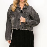 Rhinestone Embellished Frayed Denim Jacket in Black Stoned Washed Size L Photo 0