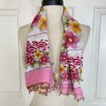 Floral crochet trim large scarf, Square pink yellow green white flower print Photo 7