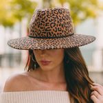 NWT Olive & Pique Leopard Print Wool Wide Brim Fedora Hat Tan Black Boho Fall Photo 1