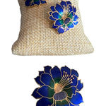 Vtg Gold Tone Enamel Cloisonne Flower Brooch Earrings Blue Green Floral Estate Photo 0