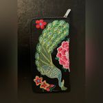 Black Canvas Pink Peacock & Floral Embroidered Zippered Wallet Photo 1