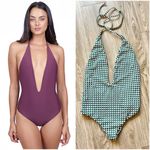 Mikoh Hinano Plunge Neck One Piece Swimsuit in Green White Triangles Size S Photo 1