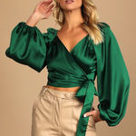 Lulus  Emerald Satin Wrap Blouse Photo 0