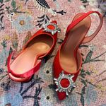 Red Satin Heels With Bling Emblem Size 7.5 Photo 1