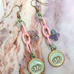 Handmade Fairy Princess Pink Plastic Chain Blue Crown Butterfly Earrings Photo 1